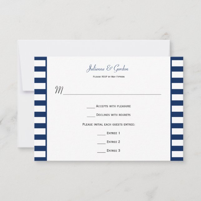 Navy Blue White Stripes Nautical Theme RSVP Card (Front)