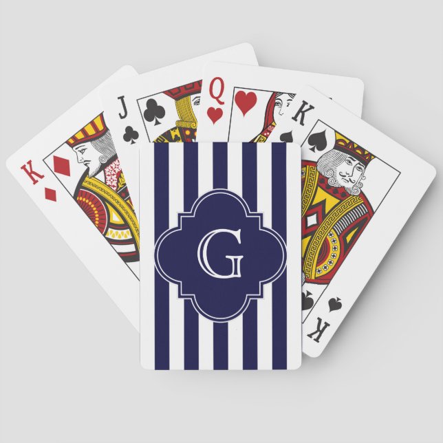 Navy Blue White Stripes, Navy Label Monogram Playing Cards (Back)