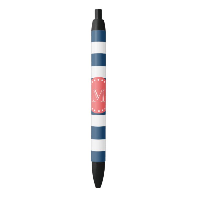 Navy Blue White Stripes Pattern, Coral Monogram Black Ink Pen (Front Vertical)