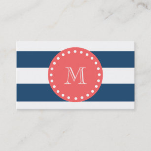 Navy Blue White Stripes Pattern, Coral Monogram Business Card