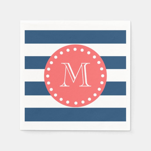 Navy Blue White Stripes Pattern, Coral Monogram Napkin (Front)
