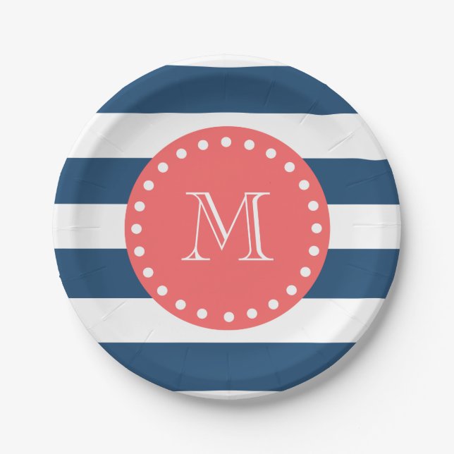 Navy Blue White Stripes Pattern, Coral Monogram Paper Plate (Front)