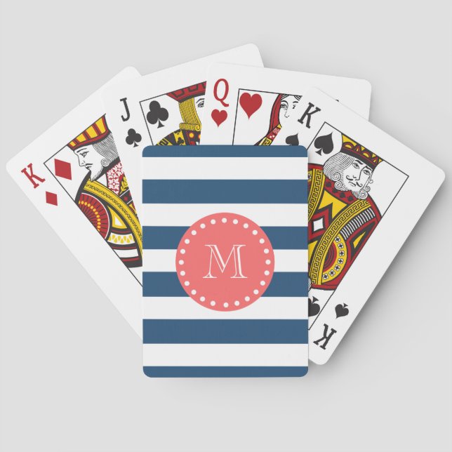 Navy Blue White Stripes Pattern, Coral Monogram Playing Cards (Back)