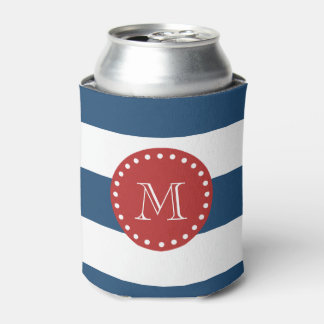 Navy Blue White Stripes Pattern, Red Monogram Can Cooler