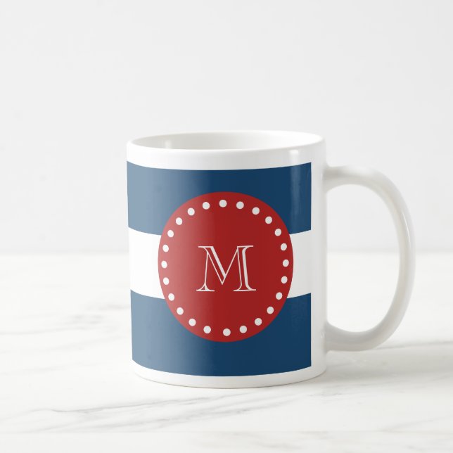 Navy Blue White Stripes Pattern, Red Monogram Coffee Mug (Right)