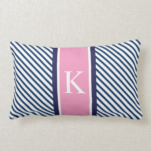 Navy Blue White Stripes & Pink Monogram Lumbar Cushion