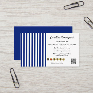 Navy Blue White Stripes QR Code, Social Media Icon Business Card