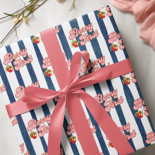  Navy Blue White Stripes Strawberry Birthday Wrapping Paper