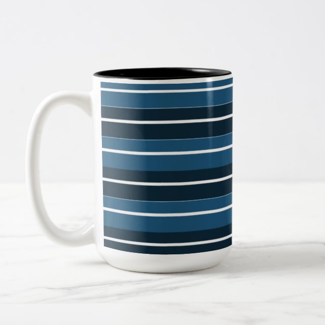 Navy Blue White Stripes Two-Tone Coffee Mug (Left)
