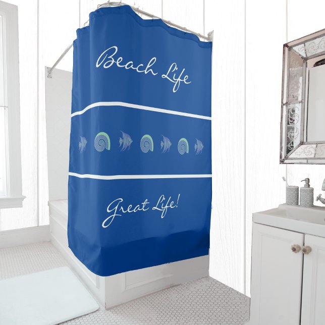 Navy Blue White Stripes Underwater Beach House Shower Curtain (Creator Uploaded)