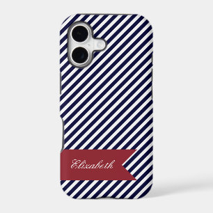 Navy Blue & White Stripes w Monogram iPhone 5 Case