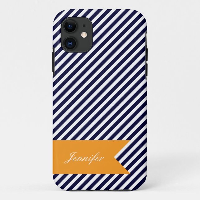 Navy Blue & White Stripes w Monogram iPhone 5 Case (Back)