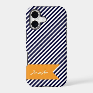 Navy Blue & White Stripes w Monogram iPhone 5 Case