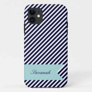Navy Blue & White Stripes w Monogram iPhone 5 Case