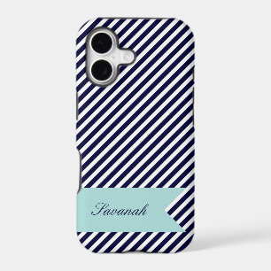 Navy Blue & White Stripes w Monogram iPhone 5 Case