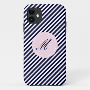 Navy Blue & White Stripes w Monogram iPhone 5 Case