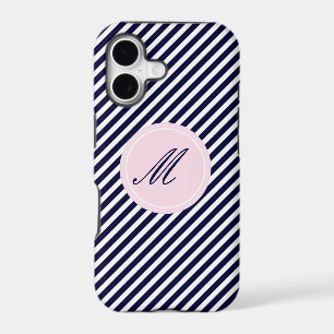 Navy Blue & White Stripes w Monogram iPhone 5 Case