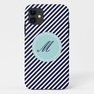 Navy Blue & White Stripes w Monogram iPhone 5 Case