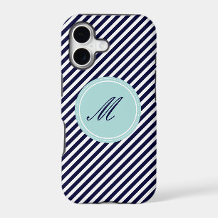 Navy Blue & White Stripes w Monogram iPhone 5 Case