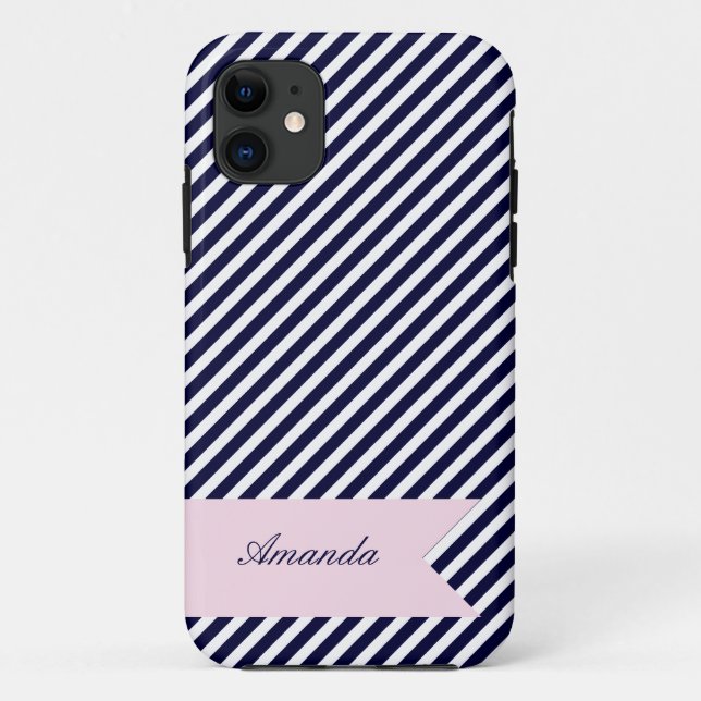 Navy Blue & White Stripes w Monogram iPhone 5 Case (Back)