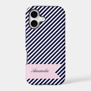 Navy Blue & White Stripes w Monogram iPhone 5 Case