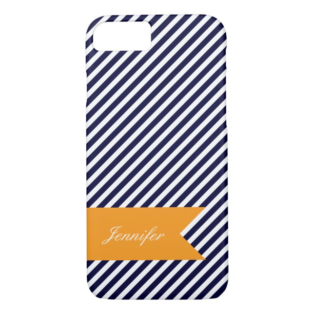 Navy Blue & White Stripes w Monogram iPhone 7 Case (Back)