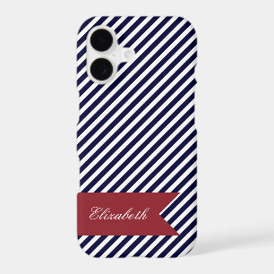 Navy Blue & White Stripes w Monogram iPhone 7 Case