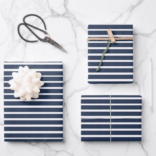 Navy Blue White Stripes Wrapping Paper Sheet (Front)