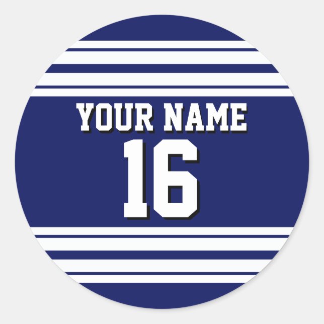 Navy Blue White Team Jersey Custom Number Name Classic Round Sticker (Front)