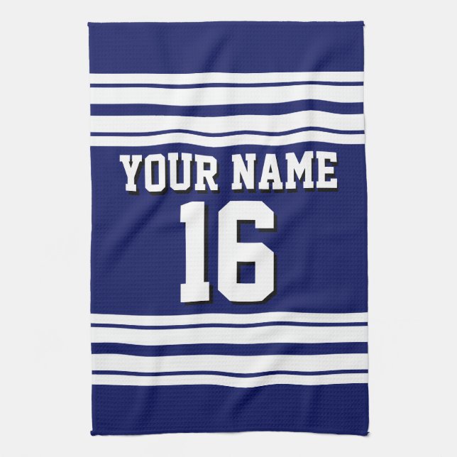 Navy Blue White Team Jersey Custom Number Name Tea Towel (Vertical)