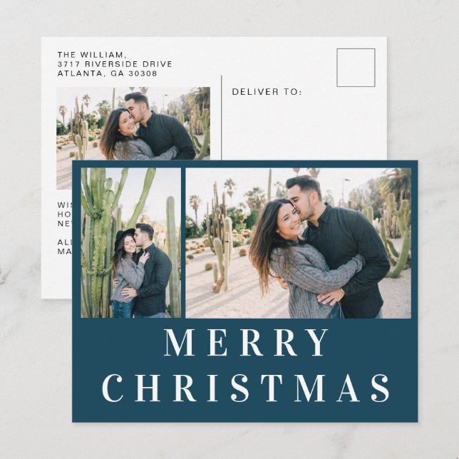 Navy Blue White Text Merry Christmas Photo Collage Postcard (Front/Back)