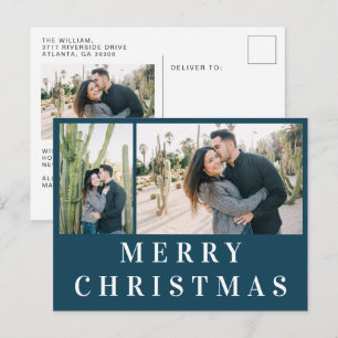 Navy Blue White Text Merry Christmas Photo Collage Postcard