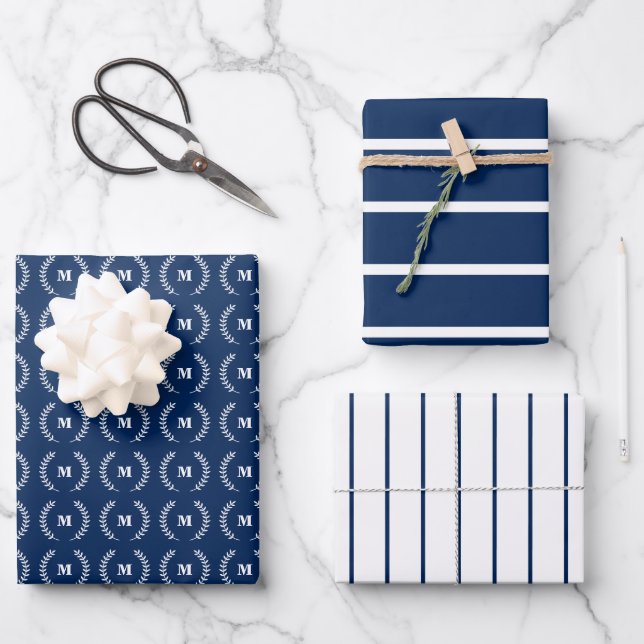 Navy Blue White Thin Stripes Initial Monogram  Wrapping Paper Sheet (Front)