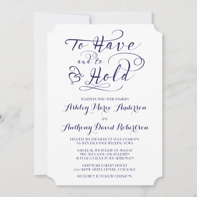 Navy Blue White To Have To Hold Heart Wedding Invitation (Front)