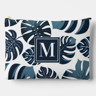 Navy Blue & White Tropical Monstera Leaf Accessory Pouch