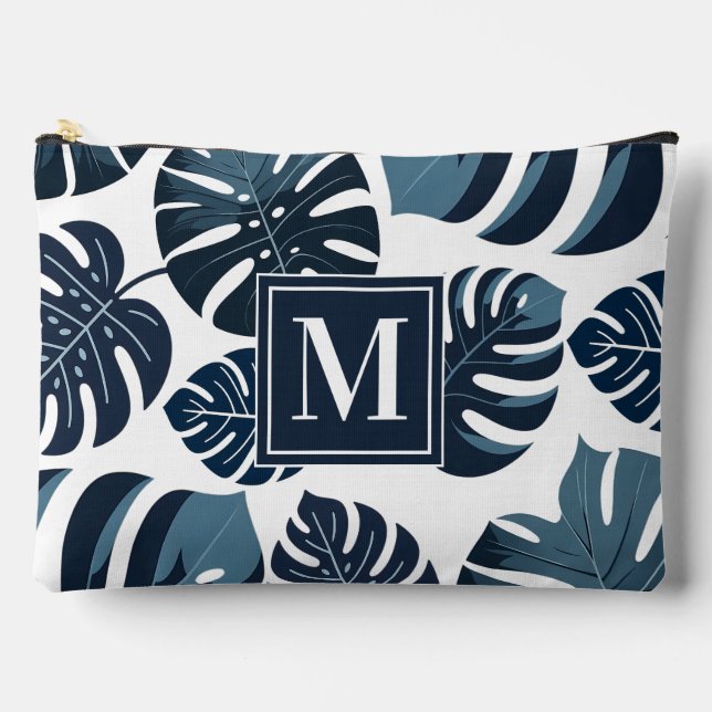 Navy Blue & White Tropical Monstera Leaf  Accessory Pouch (Front)