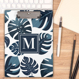 Navy Blue & White Tropical Monstera Leaf Clipboard