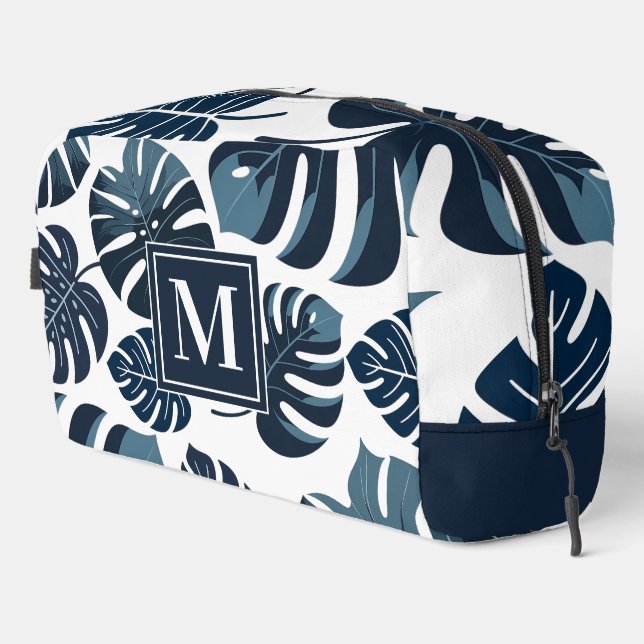 Navy Blue & White Tropical Monstera Leaf  Dopp Kit (Right Corner)