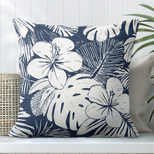 Navy Blue & White Tropical Throw Pillow