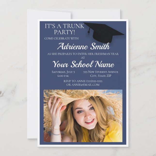 Navy Blue White Trunk College Party Photo Invitation (Front)