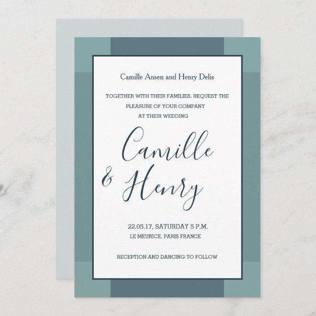 Navy blue white turquoise elegant modern wedding invitation (Front/Back)