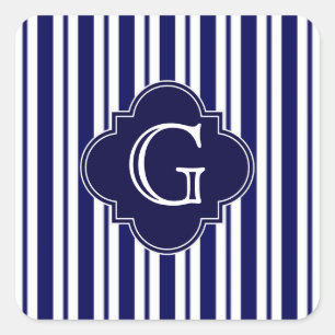 Navy Blue White Uneven Stripes Navy Monogram Label