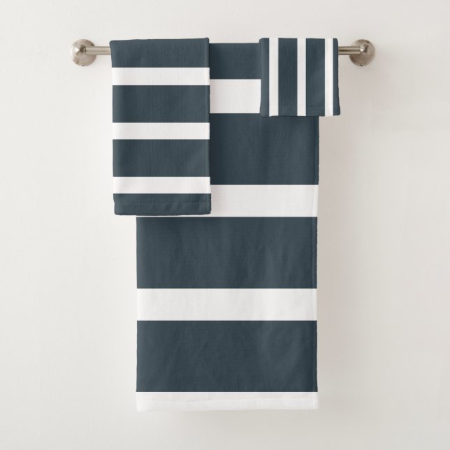 Navy Blue White Vertical Stripes Pattern Bath Towel Set (Insitu)