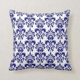 Navy Blue, White Vintage Damask Pattern 2 Cushion