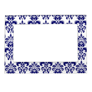 Navy Blue, White Vintage Damask Pattern 2 Magnetic Frame