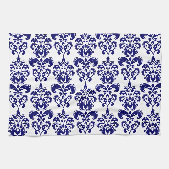Navy Blue, White Vintage Damask Pattern 2 Tea Towel (Horizontal)