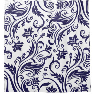 Navy Blue White Vintage Damask Pattern Shower Curtain