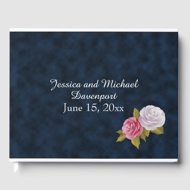 Navy Blue White Vintage Floral Wedding Guestbook (Front)