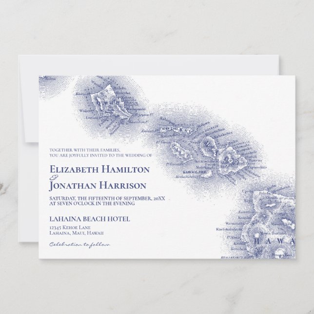 Navy Blue White Vintage Hawaii Map Wedding Invitation (Front)