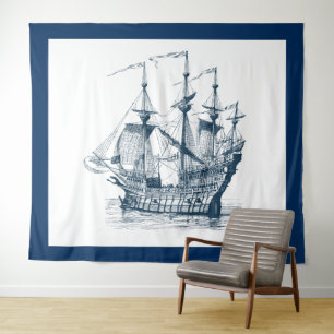 Navy-blue & white vintage wind-sailing boat tapestry
